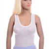 Women's mesh tank top with wide straps and a scoop neckline in a close airy slim cut.