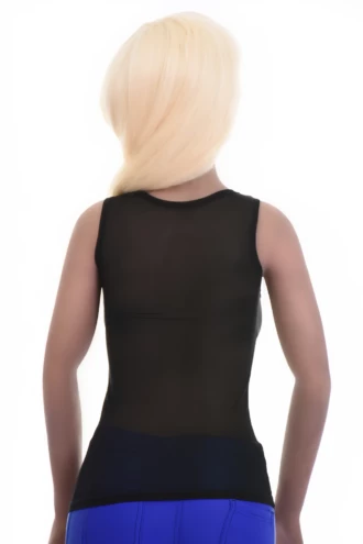 Women's mesh tank with wide straps and a scoop neck, airy and slim to layer over a bralette in warm weather.