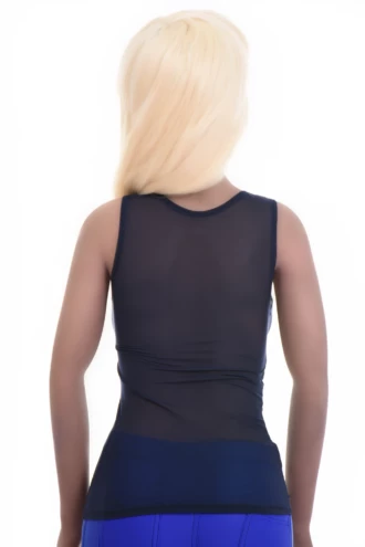 Women's mesh tank with wide straps and a scoop neckline, an airy slim open-knit layer for warm weather.