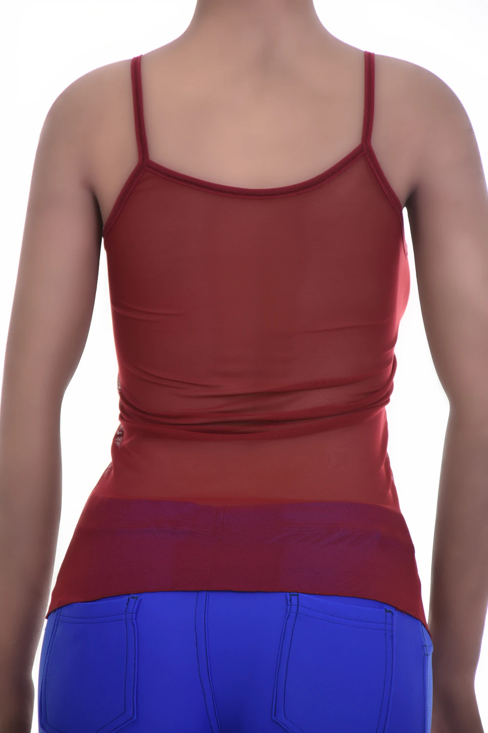 Open-knit mesh camisole with a close slim fit and thin straps, a breathable warm-weather layer with a little stretch.