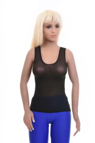 Open-knit mesh scoop-neck tank with wide flat straps and stretch, a light textured everyday layer.