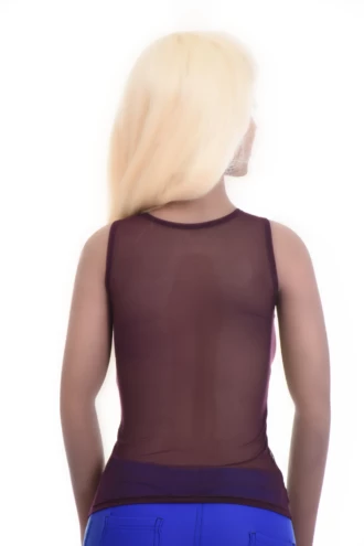 Open-knit mesh tank with a close slim cut and wide straps, breathable for warm-weather wear with a little stretch.