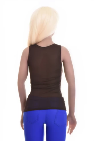 Open-knit mesh tank with a close slim cut and wide straps, a breathable warm-weather layer with a little stretch.