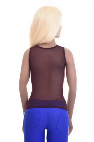 Breathable open-knit mesh tank with a scoop neck and wide straps, a slim airy layer for warm-weather wear.