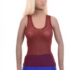 Women's open-knit mesh tank with a scoop neckline and wide straps, airy and slim for warm-weather layering.
