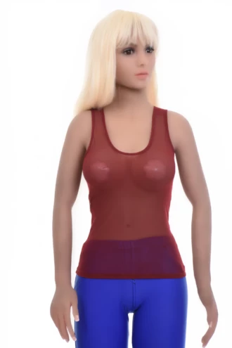 Women's open-knit mesh tank with a scoop neckline and wide straps, airy and slim for warm-weather layering.