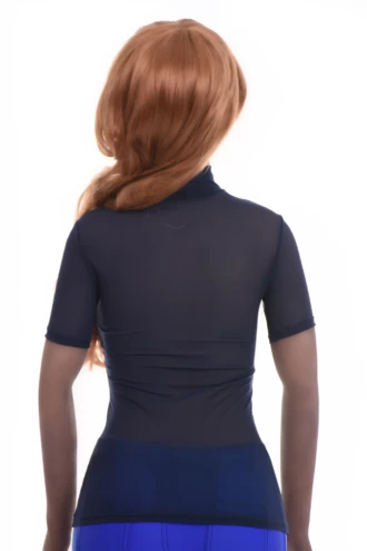 Breathable open-knit mesh tee with a high mock neck and short sleeves, airy and light for warmer days.