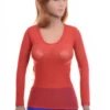 Open-knit mesh tee with a low scoop and long sleeves, a close ventilated layer over a camisole.