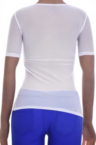 Breathable open-knit mesh tee with a low scoop neck and short sleeves, light and ventilated for warm days.