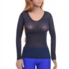 Women's open-knit mesh tee with a scoop neck and long sleeves, a close airy slim layer for warm days.