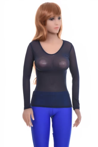 Women's open-knit mesh tee with a scoop neck and long sleeves, a close airy slim layer for warm days.