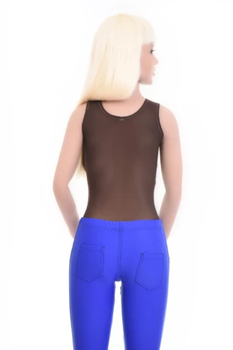 Women's sleeveless mesh bodysuit with scoop neck and wide straps over a thong back for a clean line.