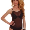 Women's sleeveless mesh bodysuit with scoop neck, spaghetti straps and thong back, a clean light base.