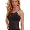 Women's sleeveless mesh bodysuit with scoop neck and spaghetti straps over a thong back, clean line.