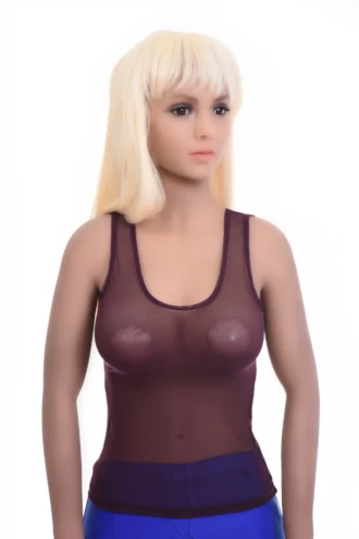 Slim airy mesh scoop-neck tank with wide straps and stretch, ventilated and light for warm days.
