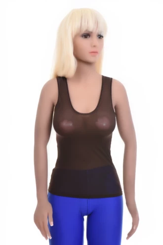 Slim airy mesh scoop-neck tank with wide straps and stretch, ventilated and light for warm days.