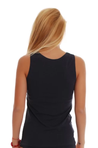 Slim breathable cotton scoop-neck tank with wide straps covering a bra strap, close with a little stretch.
