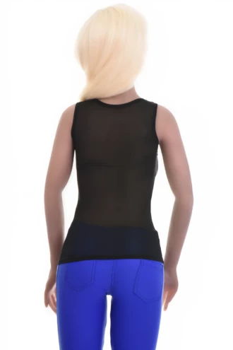 Slim breathable mesh tank with a low scoop, ventilated and light to wear alone or over a bralette.