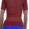 Slim feminine mesh tee with a low scoop neckline and short sleeves, airy and breathable for warm weather.