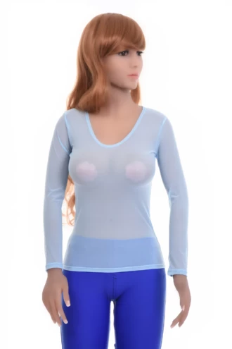 Slim mesh long-sleeve tee with stretch and a scoop neckline, a close fit that follows the figure.