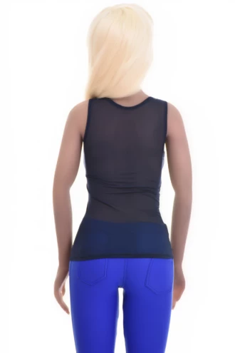Slim mesh scoop-neck tank with wide straps and stretch, ventilated and light to layer over a bralette.