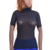 Slim mesh tee with stretch that follows the figure, finished with a neat mock neckline and short sleeves.