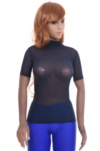 Slim mesh tee with stretch that follows the figure, finished with a neat mock neckline and short sleeves.