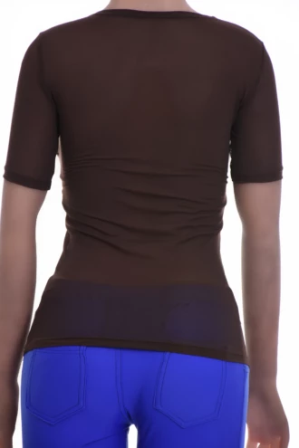 Slim open-knit mesh tee with stretch and a low scoop neckline, an easy breathable layer for warm days.