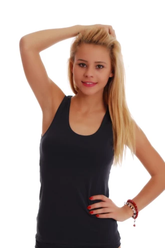 Soft cotton-blend scoop tank with wide flat straps, a close slim layer that keeps its softness through washing.
