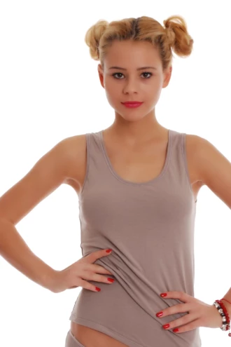 Soft cotton-blend tank with a low scoop and wide flat straps, slim and close to wear under a shirt or alone.