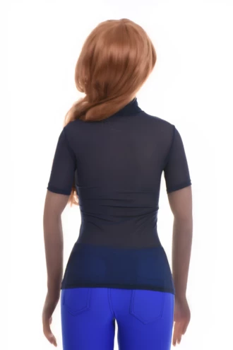 Textured open-knit mesh tee with a close fit and a clean mock neck, an easy layer over a camisole.