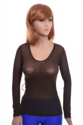 Ventilated women's mesh tee with a scoop neck and long sleeves, an airy slim shape for warm-weather wear.