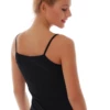 Warm black wool camisole that holds body heat while letting the skin breathe, with delicate bare-shoulder straps.