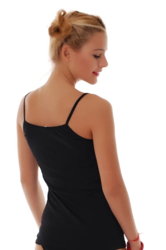 Warm black wool camisole that holds body heat while letting the skin breathe, with delicate bare-shoulder straps.