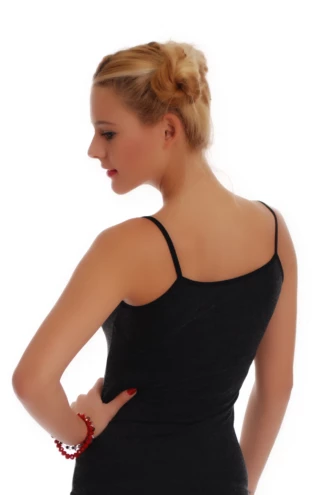 Warm black wool-blend camisole with delicate straps that keep the shoulders bare, breathable and cozy without bulk.
