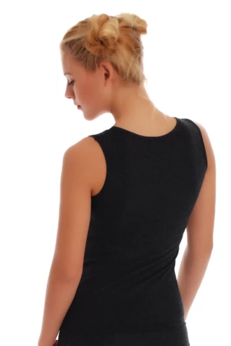 Warm wool-blend tank with wide flat straps and stretch, temperature-regulating and breathable for cooler months.