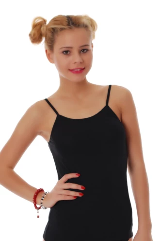 Women's wool-blend camisole in black with a scoop neckline and fine spaghetti straps, a warm slim base layer.