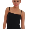 Women's wool-blend camisole in black with a scoop neckline and fine spaghetti straps, a warm slim layer.