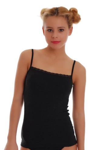 Women's wool-blend camisole in black with a scoop neckline and fine spaghetti straps, a warm slim layer.