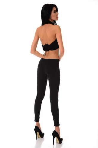 Black women's wool leggings, full-length back view in a warm cozy knitted wool blend fabric