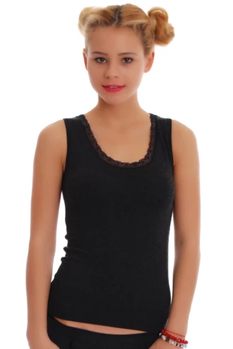 Women's wool-blend tank top in black with wide straps and a scoop neckline, a warm slim base layer.