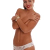 All-lace Brazilian panties cut for an open feel, with floral lace front and back and scalloped legs.