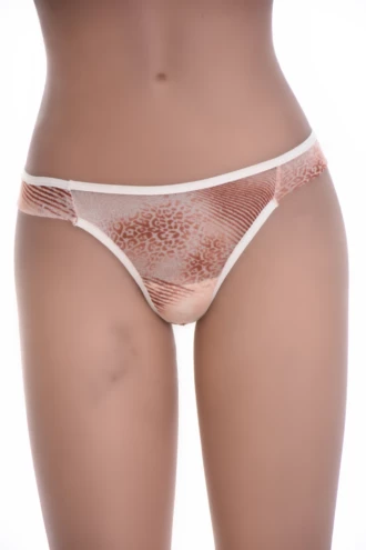 Animal-print mesh Brazilian panties in warm brown and tan tones with a fine pale trim, open sides.