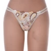 Beige floral lace thong with thin double straps at the hips and a lace front, low-rise minimal coverage.