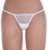 Beige lace G-string on fine dotted mesh with scalloped edges and a slim string back, low-rise minimal coverage.