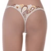 Beige lace thong with strappy sides and a floral front, a discreet neutral pick under light clothing.