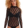 Women's black all-lace bodysuit with a mock neck, long sleeves and a close polo-style thong cut.