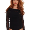 Black bodysuit with draped wide neckline, sheer mesh sleeves and brazilian back, worn under a blazer or alone.