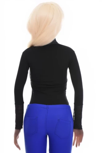 Black cotton bodysuit with lace-trimmed cuffs and hook-and-eye closure that keeps a clean thong line.