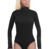 Women's black long-sleeve cotton bodysuit with lace trim at the neck and cuffs and a mock neckline.